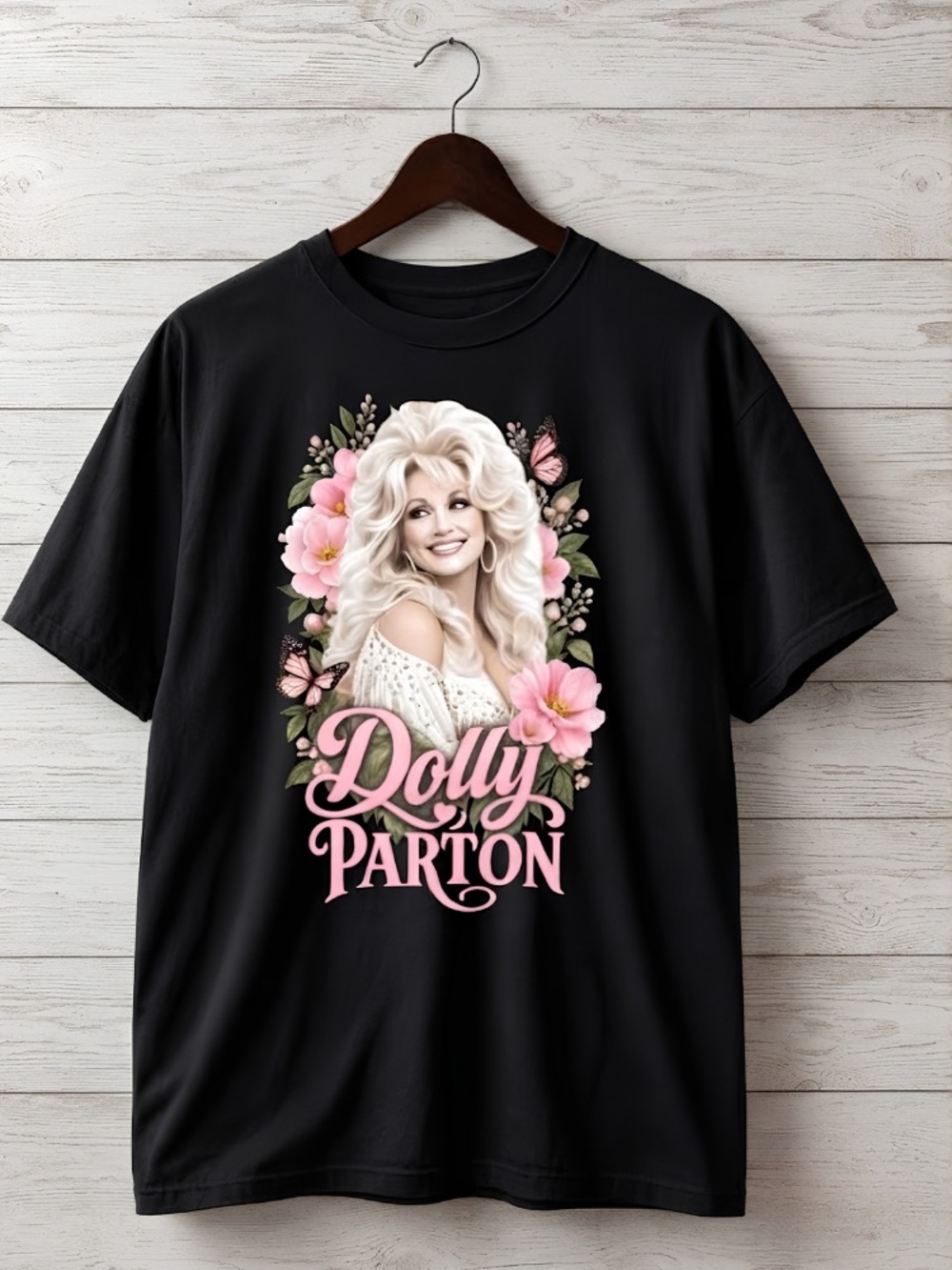 Dolly Parton Flowers Butterflies Pink Vintage Black T-Shirt